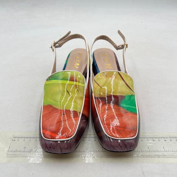 YDN Colorful-feather Square Toe Block Low Heels Slingback Formal Loafer Pump - Picture 3 of 8